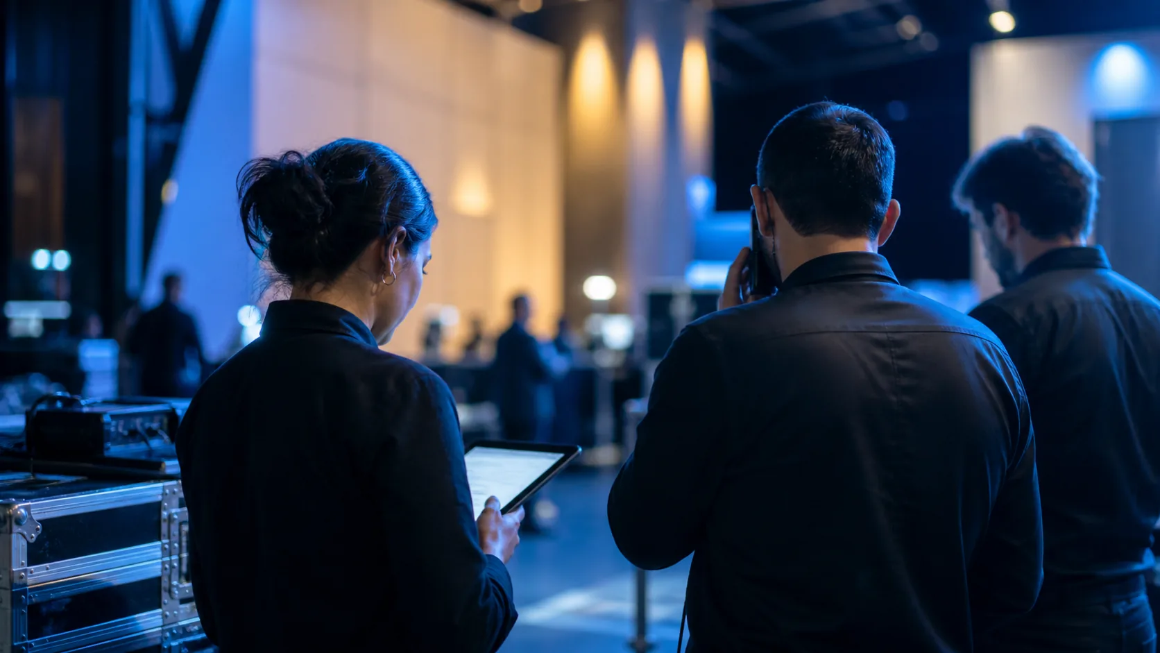 Equipe de operação coordenando um evento em ambiente de bastidores; imagem ilustrativa gerada por inteligência artificial